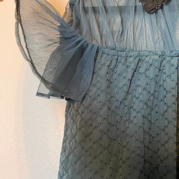 Tularosa Teal Textured Blouse Size XS Aritzia Dark Academia Sheer Tulle Lace - Picture 4 of 11